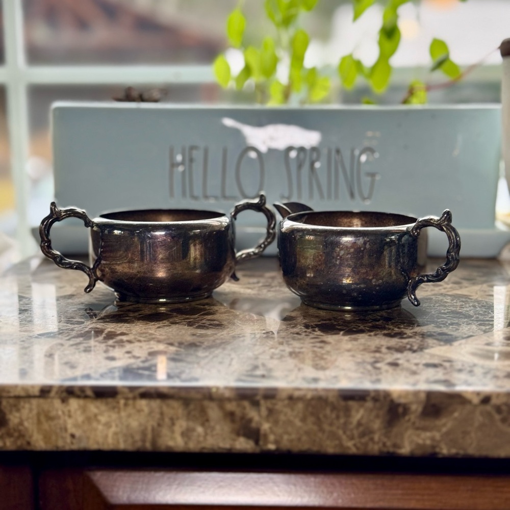 Vintage Patinaed Silver Serveware Cream & Sugar Bowl Set